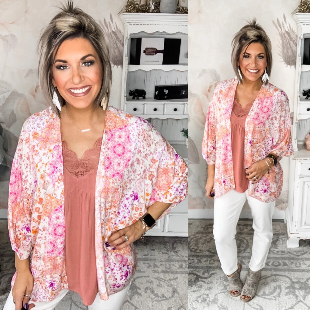 Floral Pink & Peach Open-Front Kimono with Rust Lace-Trim Tank
